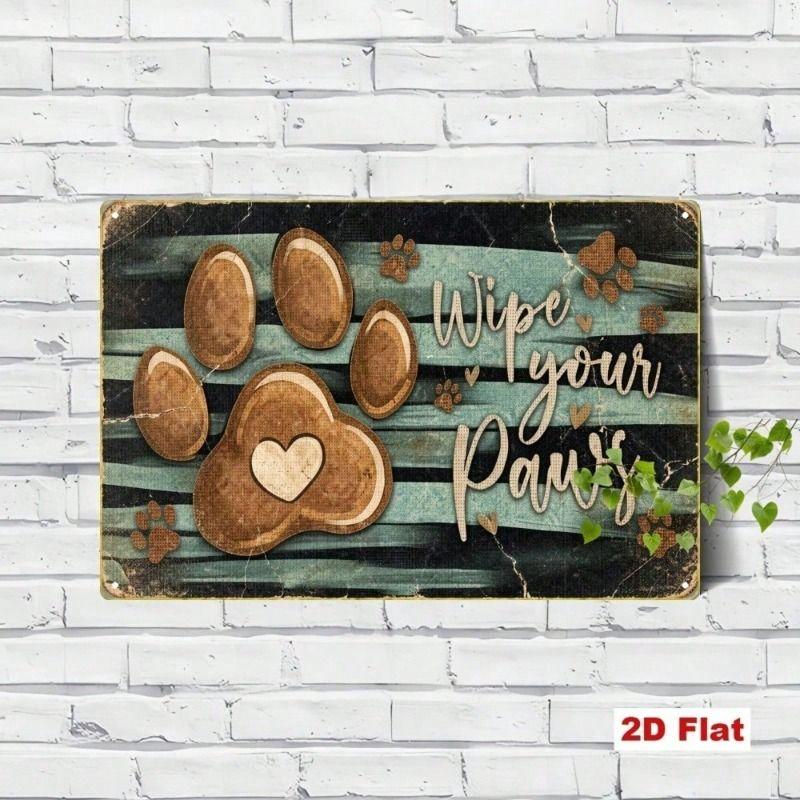 Vintage Metal Dog Paw Sign Wipe Your Paws Wall Decor Rustic Home Art 20x30cm