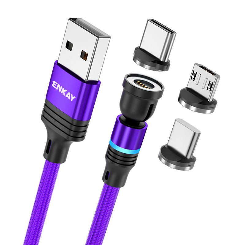 

ENKAY HAT PRINCE 1m Rotation Magnetic Cable 3A USB to iP/Type-C/Micro USB Data Cord with LED Light Purple