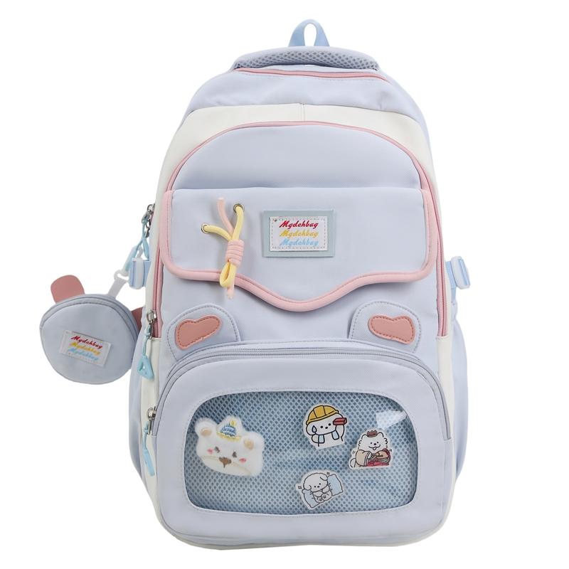 Women's Large Capacity Backpack Multi-Compartment Student Schoolbag Color Block Backapack with Coin Purse