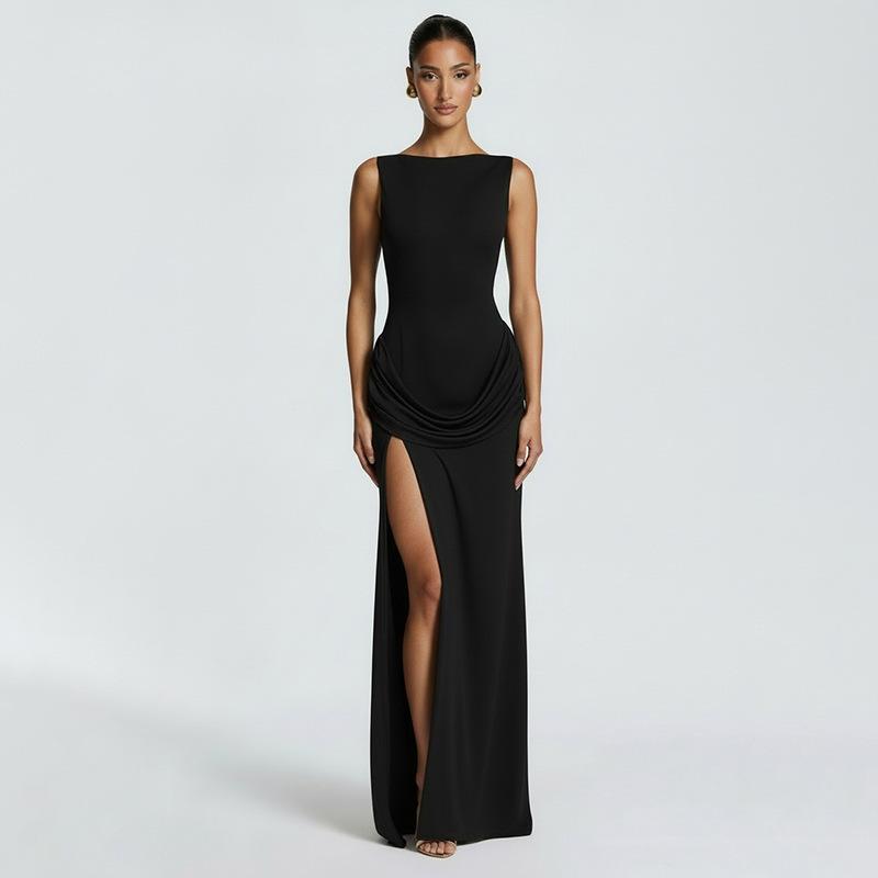 European and American women's clothing summer new solid color casual back drop neck sleeveless slim slit backless dress