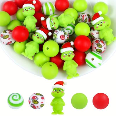 35pcs Festive Christmas-Themed 3D Stereoscopic Silicone Beads - With Santa Hats 15mm Durable Craft Beads For DIY Keychains