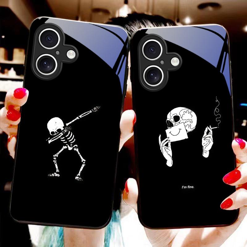 Dancing Skeleton For Apple IPhone 16E 16 E 11 13 15 P Ro 14 Pro Max 12 Mini 7 8 Plus XR X XS Black Tempered Glass Phone Case