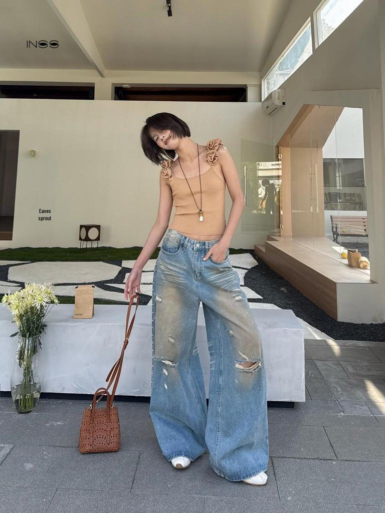 INSS Women's High Waist Loose Wide Leg Jeans with Hole Design - 2026 Spring/Summer Collection #91125