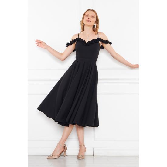 Women's Adjustable Strap Ruffle Detailed Collar Pleated Flared Midi Evening Dress