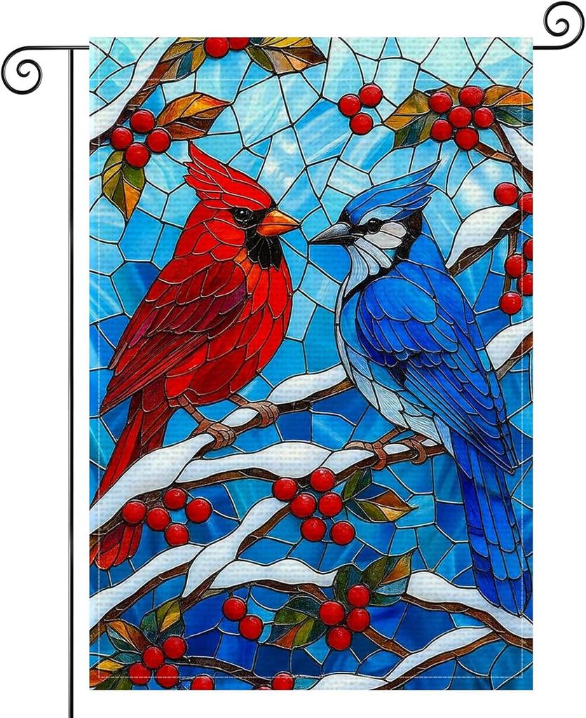 Winter Bird Stained Glass Garden ag Double Sided 12x18 Inch Burlap Winter Garden ag Red Cardinal and Blue Jay Birds Bann GGO