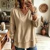Women Casual Loose Fit Solid Color Three Quarter Sleeve Frayed Edge Trim V Neck Top Lightweight Comfortable Everyday Wear