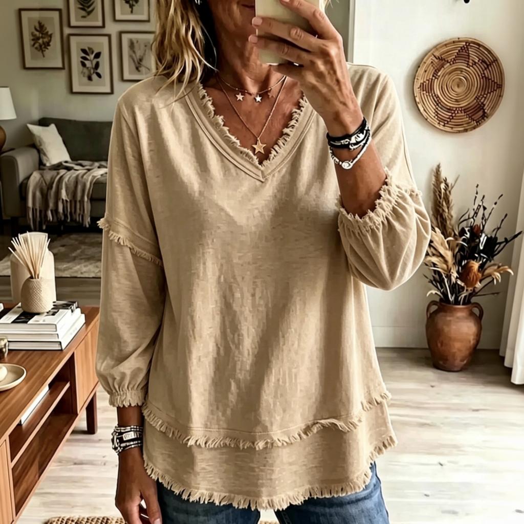 Women Casual Loose Fit Solid Color Three Quarter Sleeve Frayed Edge Trim V Neck Top Lightweight Comfortable Everyday Wear