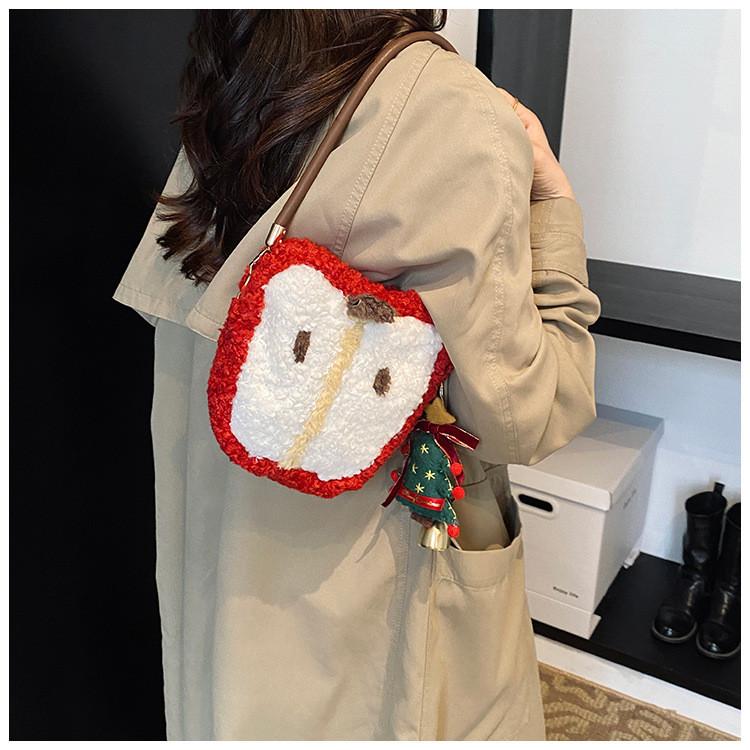 Christmas Sheep Plush Apple Tote Bag For Girls With Zipper Closure And Card Pocket