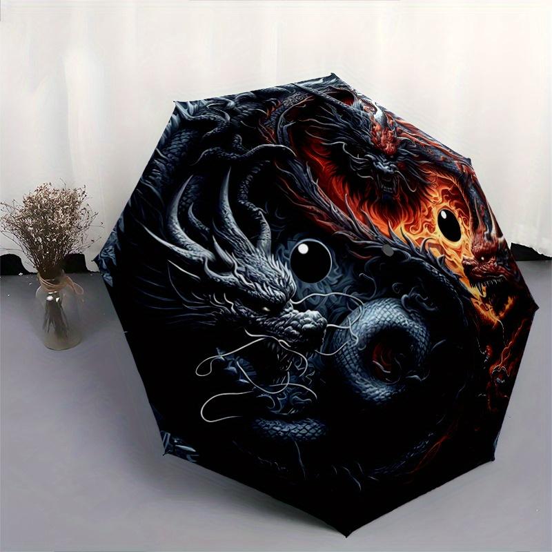 1pc The Epic Battle of Red and Black Dragons Pattern Automatic 3-Fold Umbrella, 8 Iron Frames, High-Value Folding Umbrella, Suitable for Office,