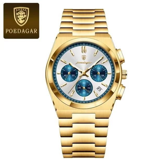 POEDAGAR 970 Fashion Date Quartz Watch Waterproof Luminous Hands Chronograph Reloj Stainless Steel Leather Business Wristwatch