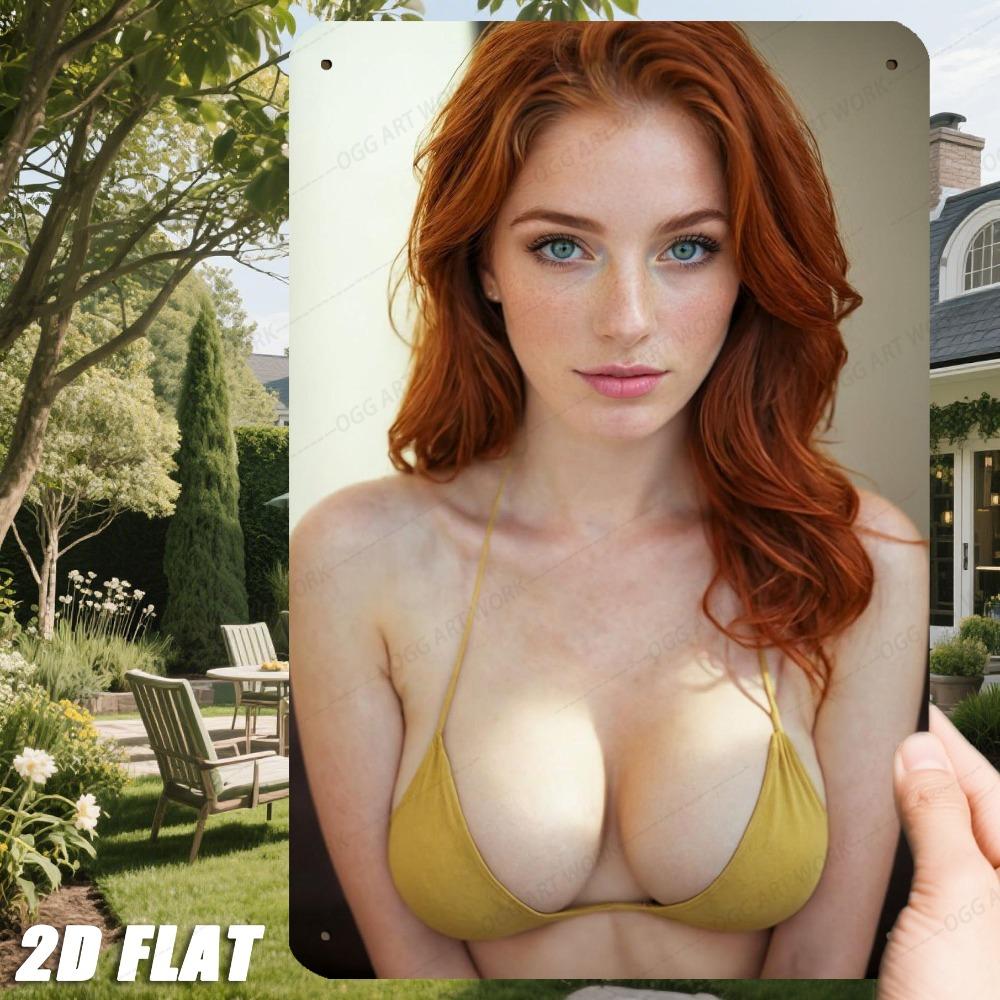 D-Dur Retro Eisenschild Rothaarige Frau im Gelben Bikini Metall Logo xin für Zuhause Büro Zimmer Geschenk