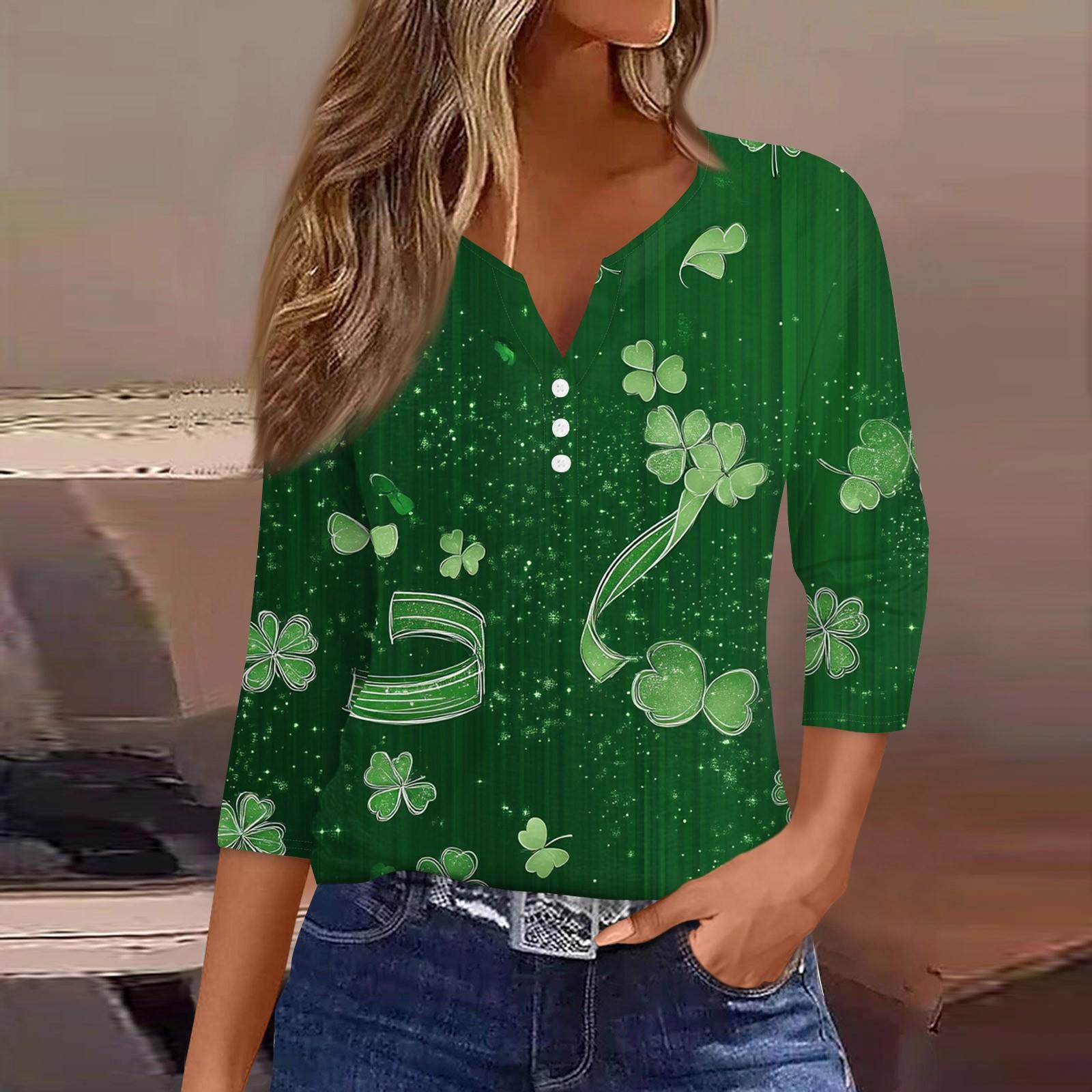 

Женская ул.. Повседневный топ на пуговицах с V-образным вырезом и принтом ко Дню Святого Патрика, универсальный, с рукавами 3/4 L зелёный