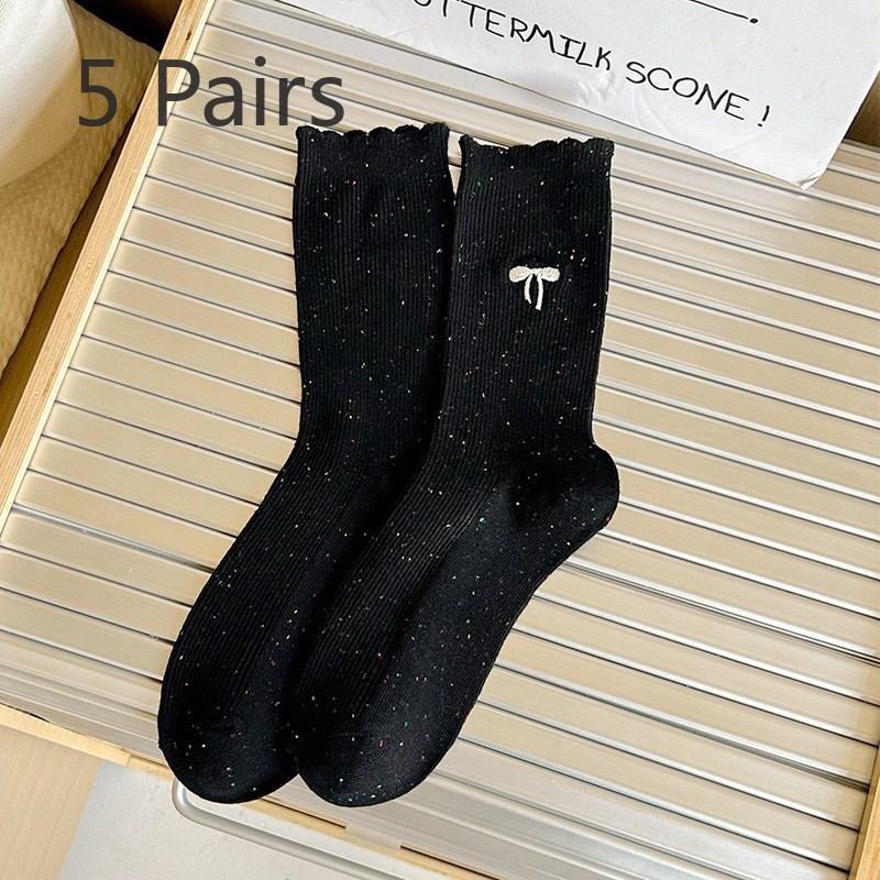 5 Pairs of Sweet Female Bow Embroidered Casual Mid Calf Socks