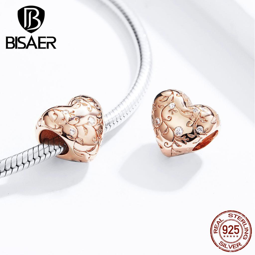 BISAER 925 Silver Rose Gold Charm Bead Heart Flower Pendant For Girl Bracelet DIY Mother's Day Birthday Fine Jewelry