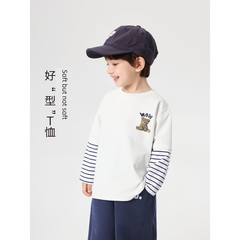 Right-Hand European Style Boys' Long-Sleeved T-Shirt with Front and Back Print, Faux Two-Piece Cartoon Top, Baby 25 Autumn New Children's Clothing