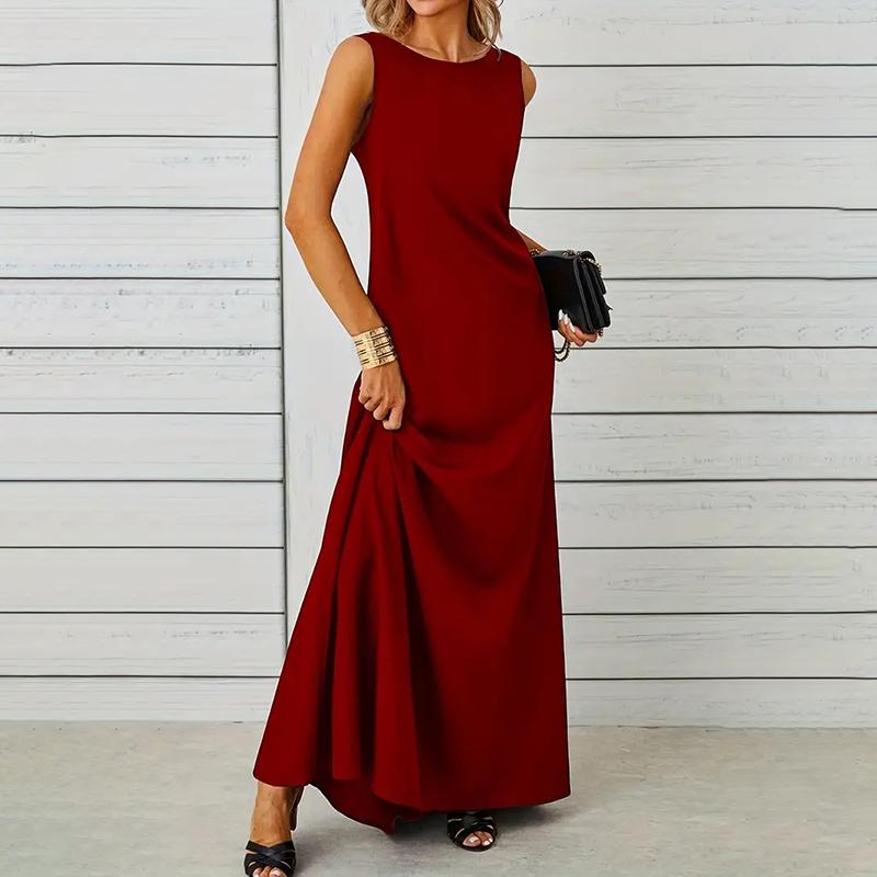 Women Casual Sleeveless O Neck Solid Color One Piece Dress