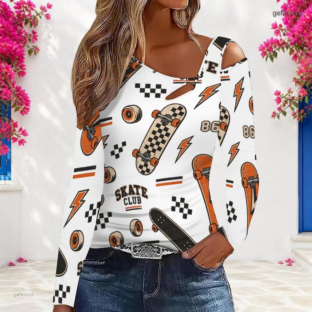 Women Plus Size Asymmetric Cutout Neck Cold Shoulder Long Sleeve Camping Printed Top