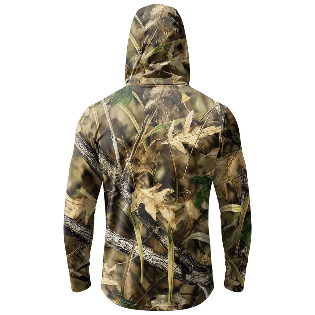 Men's Casual Hoodie Long Sleeve Lightweight Breathable Sun Protection Leaf Camouflage Printed Pullover Shirt with Hood and Chest Pocket