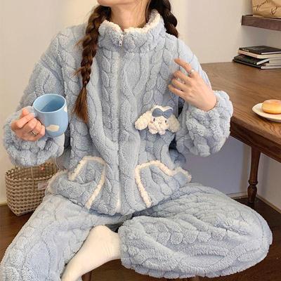 G5U Women's Coral Fleece Pajamas - Autumn/Winter Cartoon Style, Thick Warm Stand-up Collar, Wear Indoors or Outdoors.