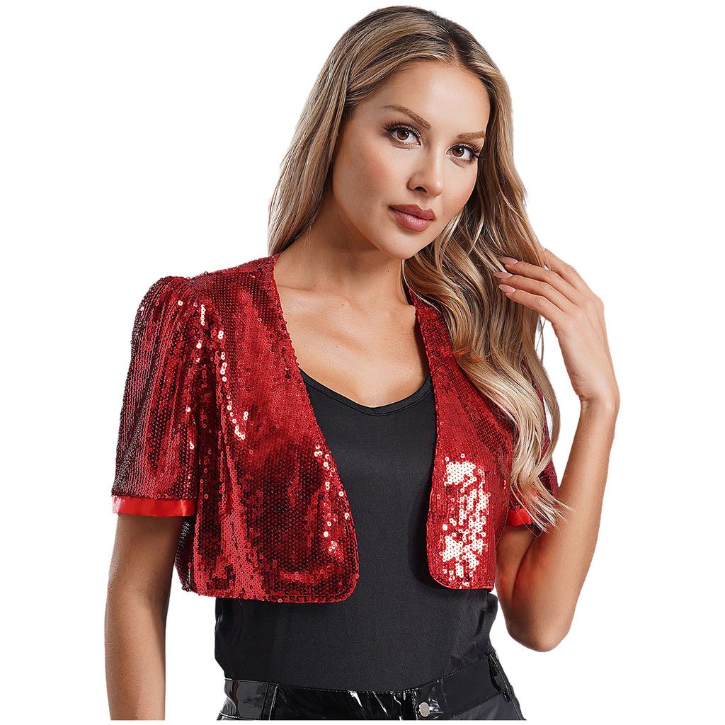 Womens Glitter Sequin Cropped Outerwear Short Sleeve Open Front Cardigan Jacket