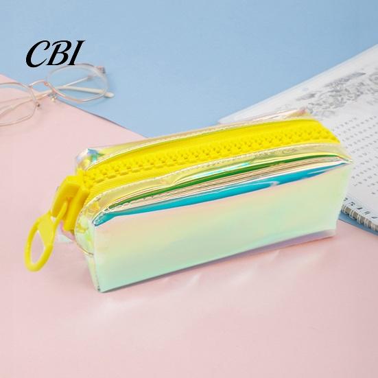 Rainbow Gradient Pen Bag Iridescent Holographic Pencil Case, Transparent Stationery with Wide Correction Tape Holder Case U-Shaped Zipper, Large