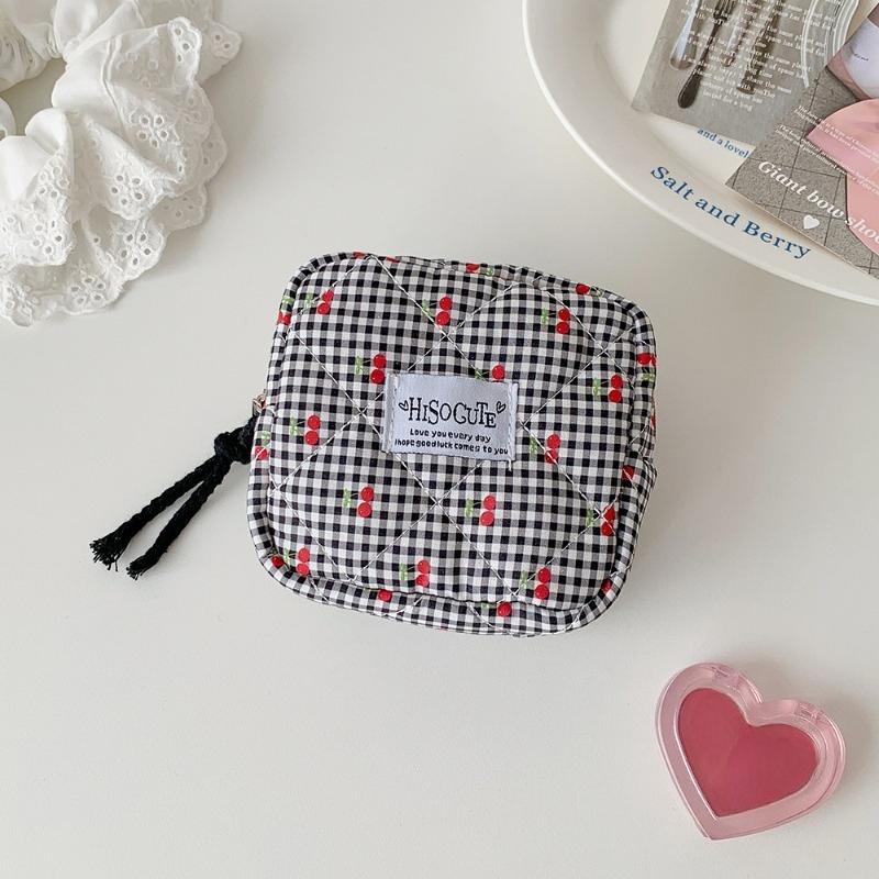 Travel Mini Cosmetic Storage Bag Women Cute Cherry Print Lipstick Key Pouch Student Portable Sanitary Napkin Organizer Case