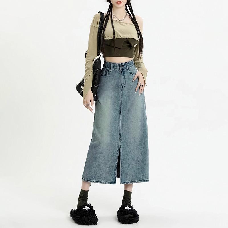 

Pear-shaped Body Skirt for Women In Summer, High Waist, Slim and Cover Hips, A-line Skirt, Large Size Fat Mm Slit Denim Skirt 3XL синий