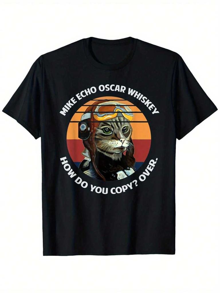 Funny Cat Pilot MEOW Pet Lovers Printed T-Shirt, Unisex's Printed T-Shirt