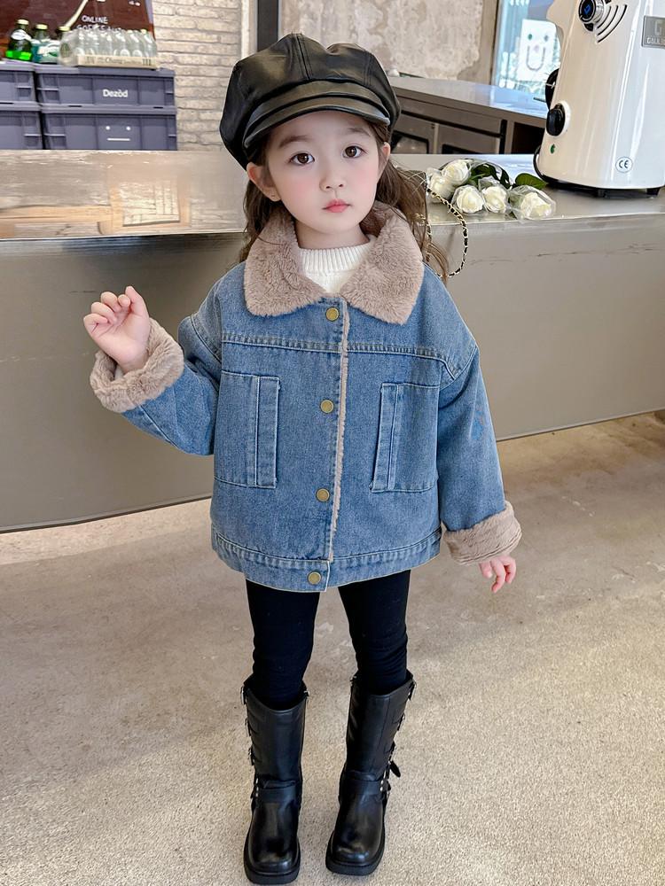 Denim Fleece-Lined Jacket for Girls - Autumn/Winter 2025 Korean Style
