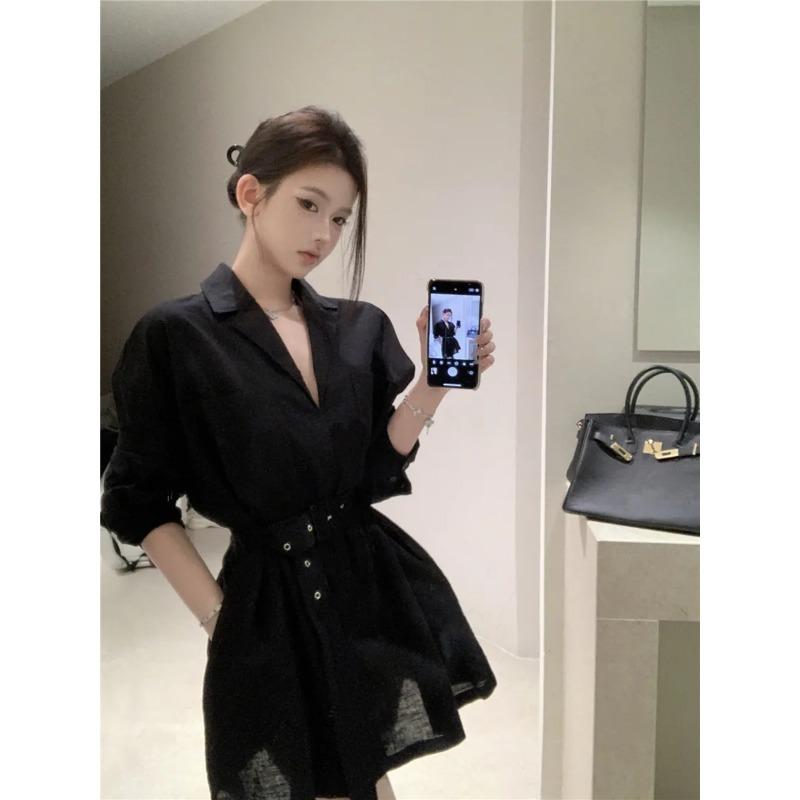 

Womens Elegant Black Lapel V Neck Belted Short Sleeve Shirt Dress S чёрный