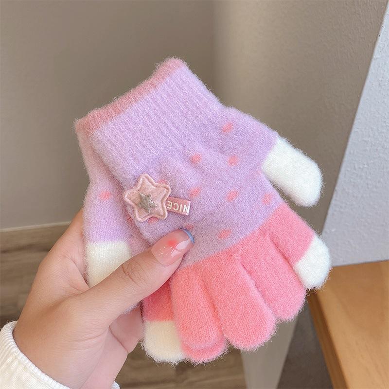 Children's Gloves Cartoon Cute Stars Autumn and Winter Velvet Thickened Warm Windproof Five-finger Boys and Girls Color Matching Gloves