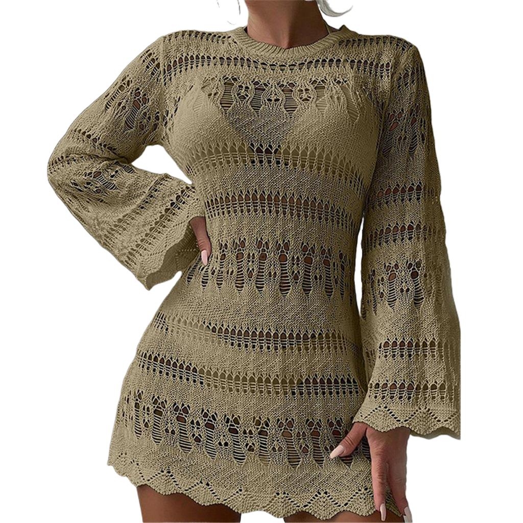 Women Crochet Beach Dress Bathing Suit Cover Up Female Long Sleeves Beach Cover Up Hollow Out Swimsuit Cover Up
