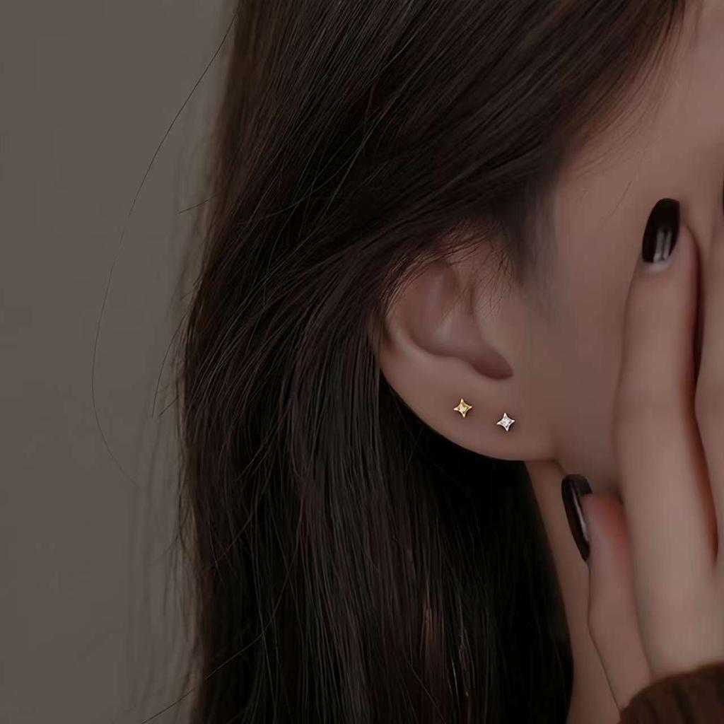 Real 925 Silver Zircon 4mm Star Tiny Stud Earrings for Women Fine Jewelry Minimalist Ear Hole Care Accessories