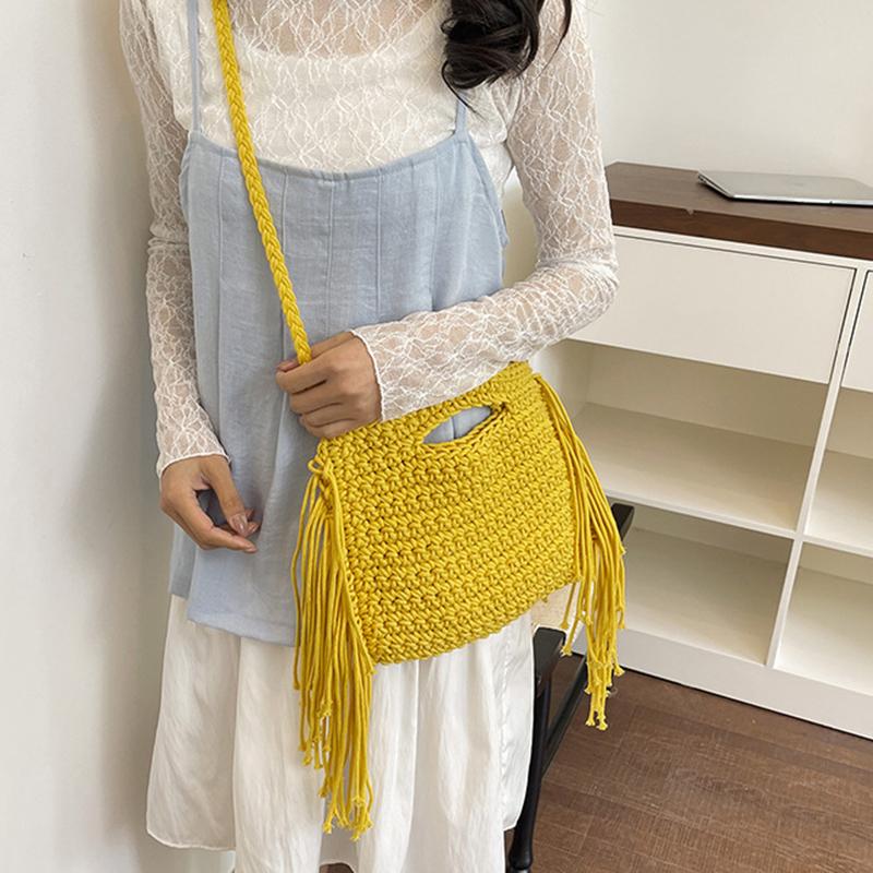Yogodlns Knitted Tassel Bag New Summer Vacation Style Single Shoulder Diagonal Cross Woven Bag Fashionable Simple Women's Handbag