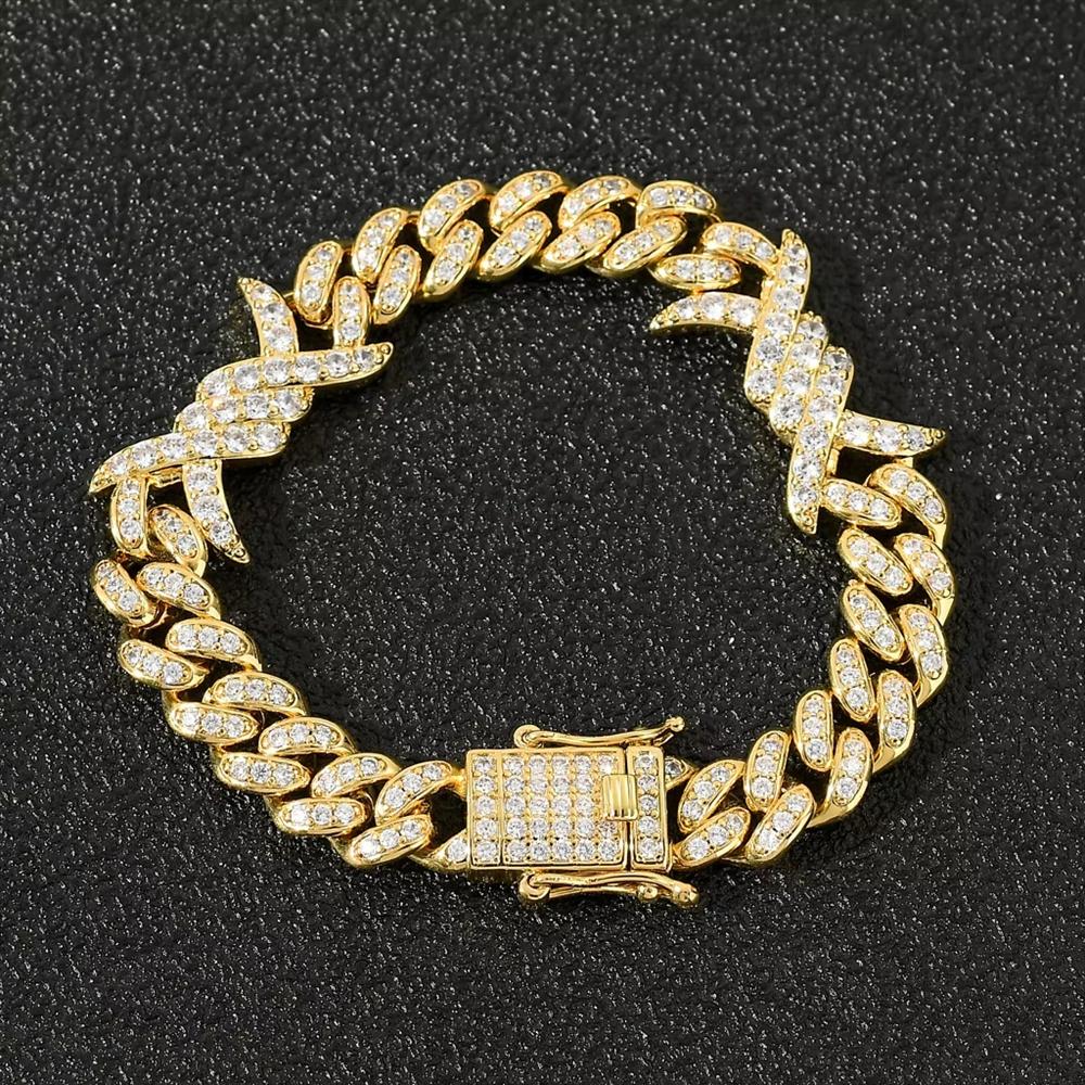 Neues Design Hip Hop Rap Schmuck 14K Gold Plated Bling CZ Iced Out Dornen Kubanische Kette Armband für Damen und Herren