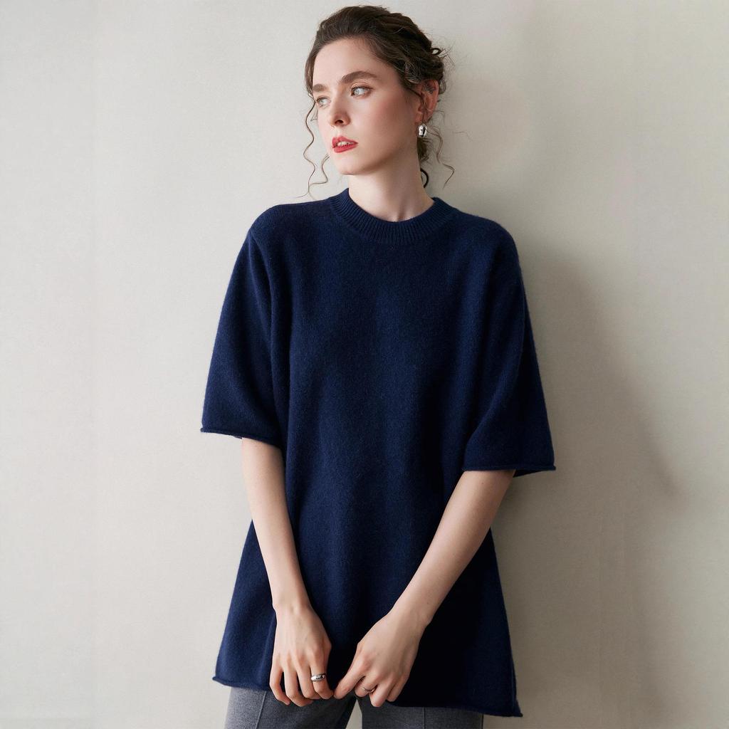 Loose-Fit Cashmere Sweater: Mid-Length, Short-Sleeve, Round Neck, Slim Fit, Autumn/Winter Knitwear