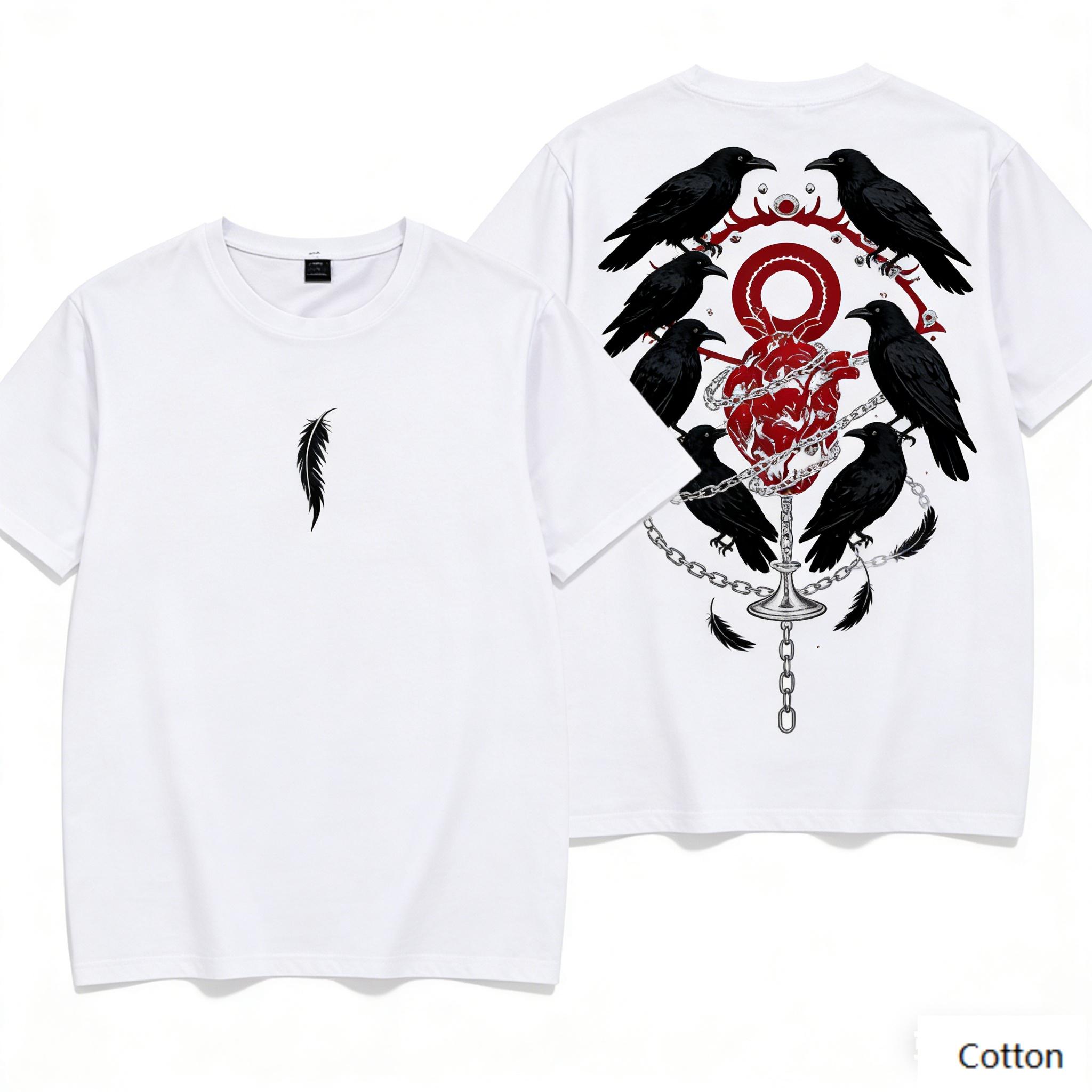 Gothic Dark Street Style Unisex Cotton TShirt with Feather Crow Print SkinFriendly Cotton Material M