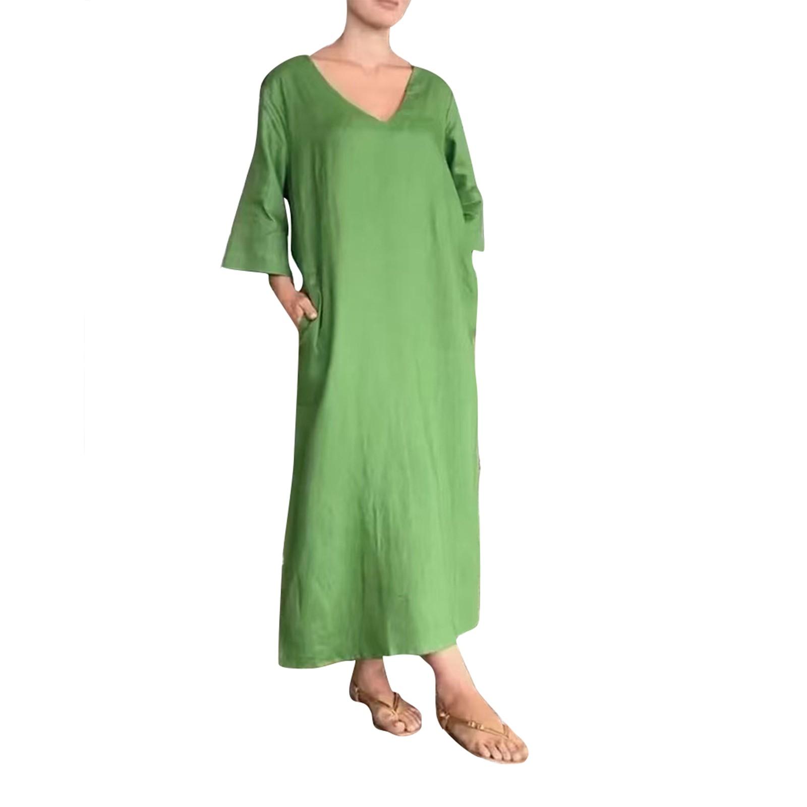 

Женские платья V-образный вырез, семь рукавов, подолы, двойной разрез, свободные длинные платья-рубашки S зелёный