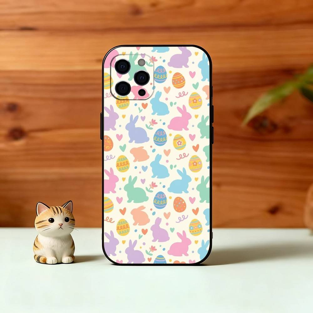Easter Pattern Phone Case For iPhone 17,16,15,14,13,12,11 Plus,Pro Max,XS,Soft Silicone Black Cover