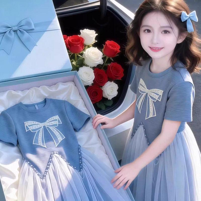 Girls Summer Short Sleeve Dress with Bow Tie Preppy Fairy Dress for Big Kids 120