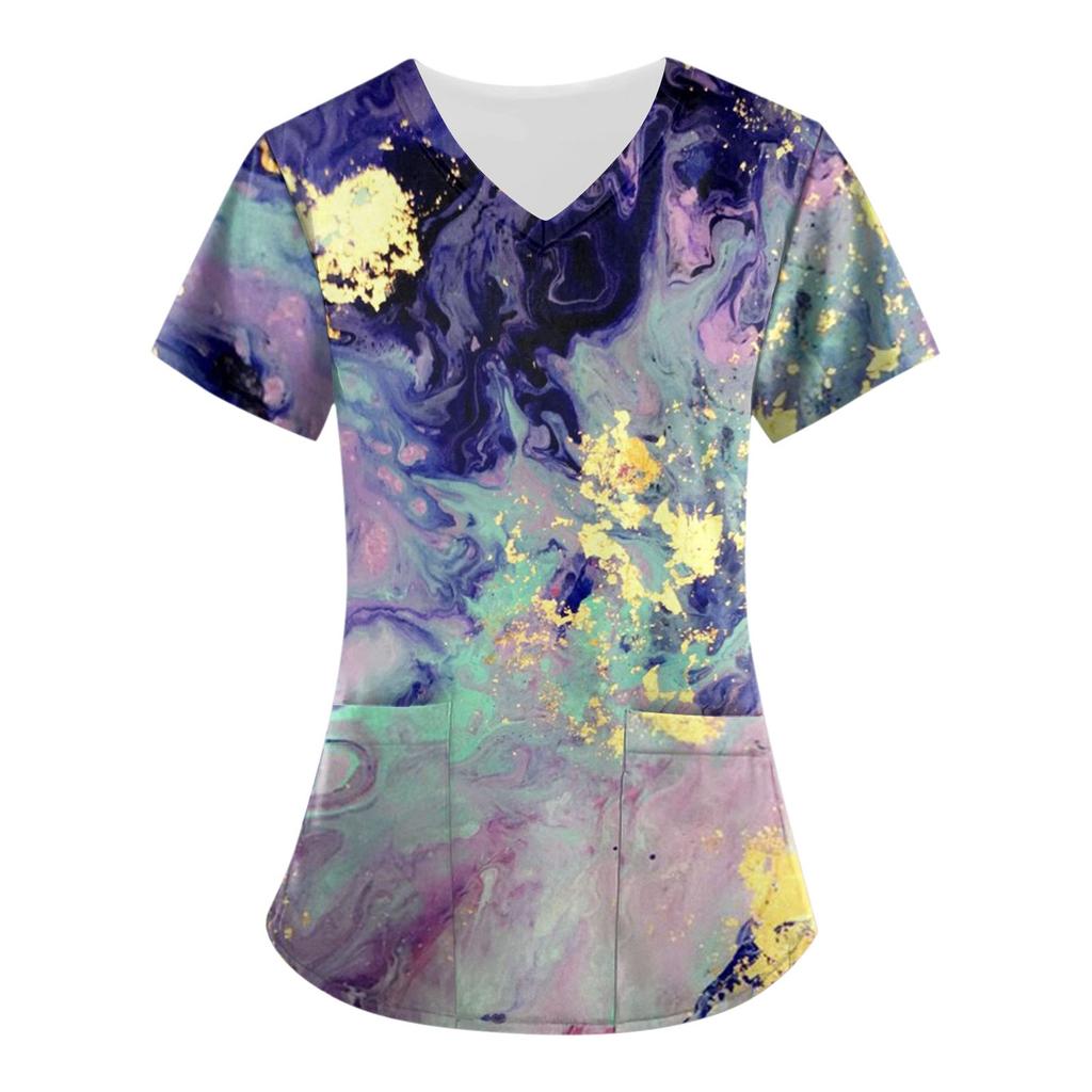Women's Printing Short Sleeve V-neck Tops Working Uniform Pocket Blouse