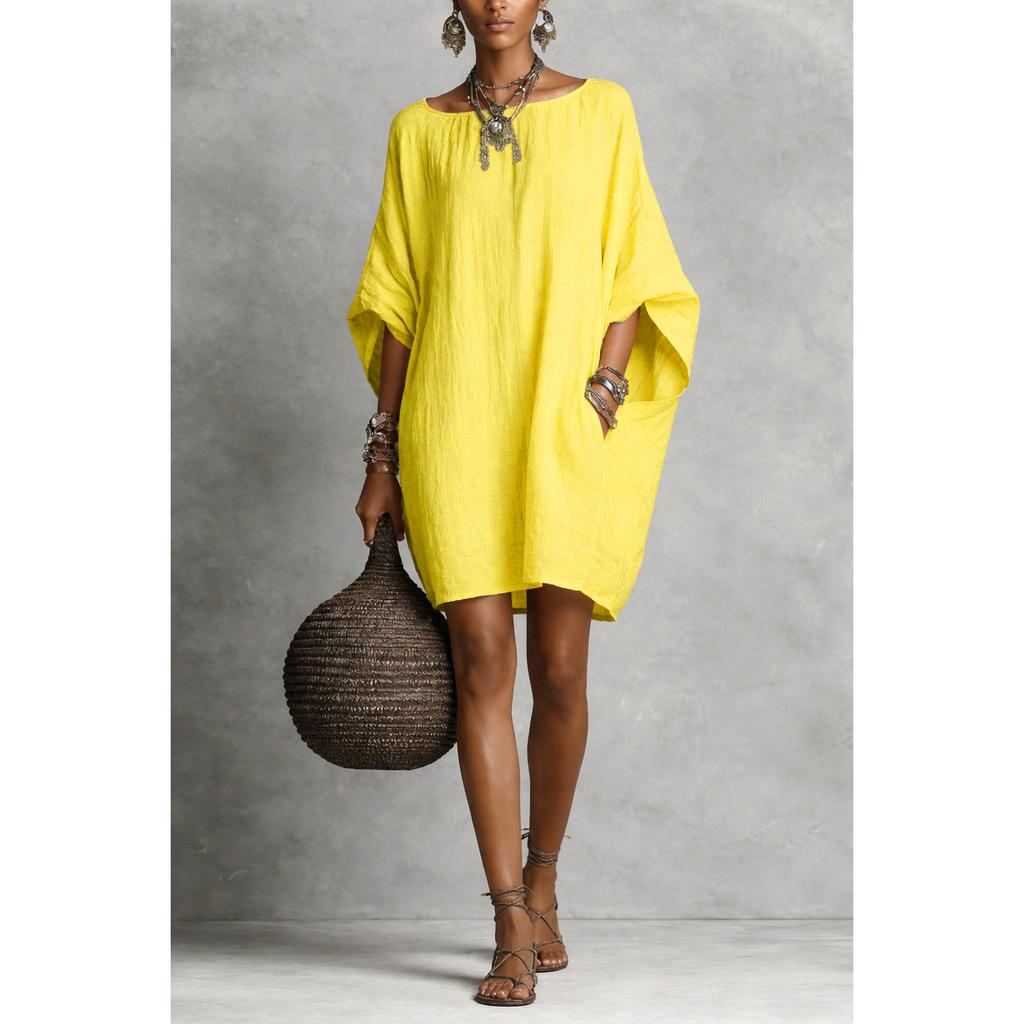 Moda Casual Estiva Maglia Pipistrello Vestito Largo Donna Scollo O Manica Tre Quarti Tasca Mini Vestito Donna Vestito per Festa Vacanze