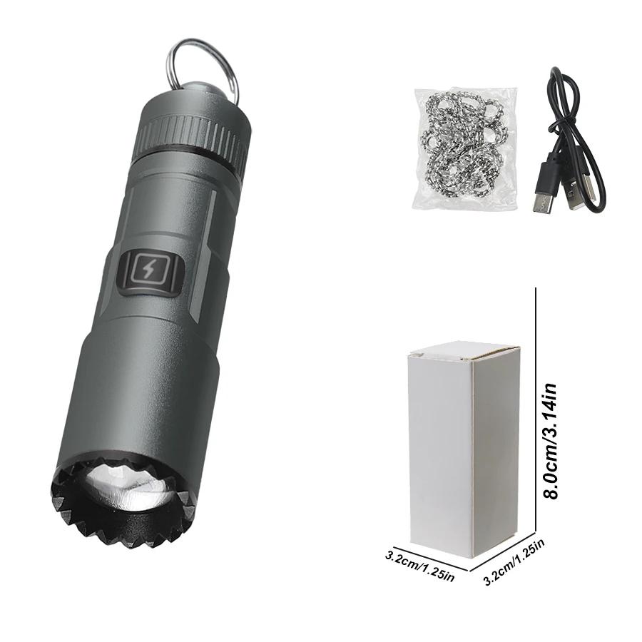 Rechargeable Mini Portable LED Flashlight with Neckchain 5 Lighting Modes Aluminum Alloy Appearance Telescopic Zoom Flashlight