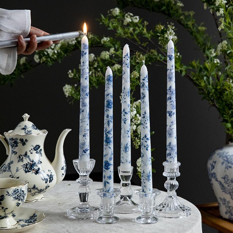2 ks/sada Tištěné dlouhé tyčové svíčky Večeře Jednovětvová čínská modrobílá porcelánová dlouhá svíčka Párty Světlo svíček Domov 25 cm