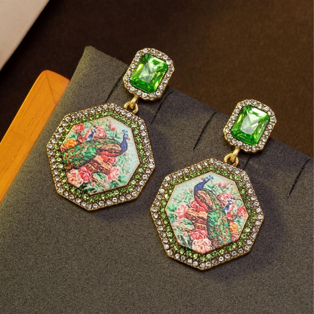 Medieval vintage octagon diamond peacock mural earrings heavy industry temperament light luxury earrings medieval earrings
