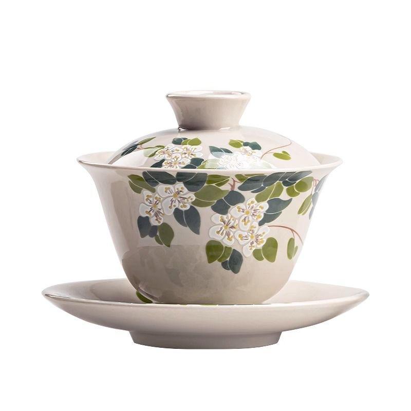 Handbemalte Kamelie Gaiwan Keramik Porzellan Teekanne Schüssel Drehbarer Deckel Untertasse Retro Teetassen Teeceremonie Teegeschirr Trinkgeschirr