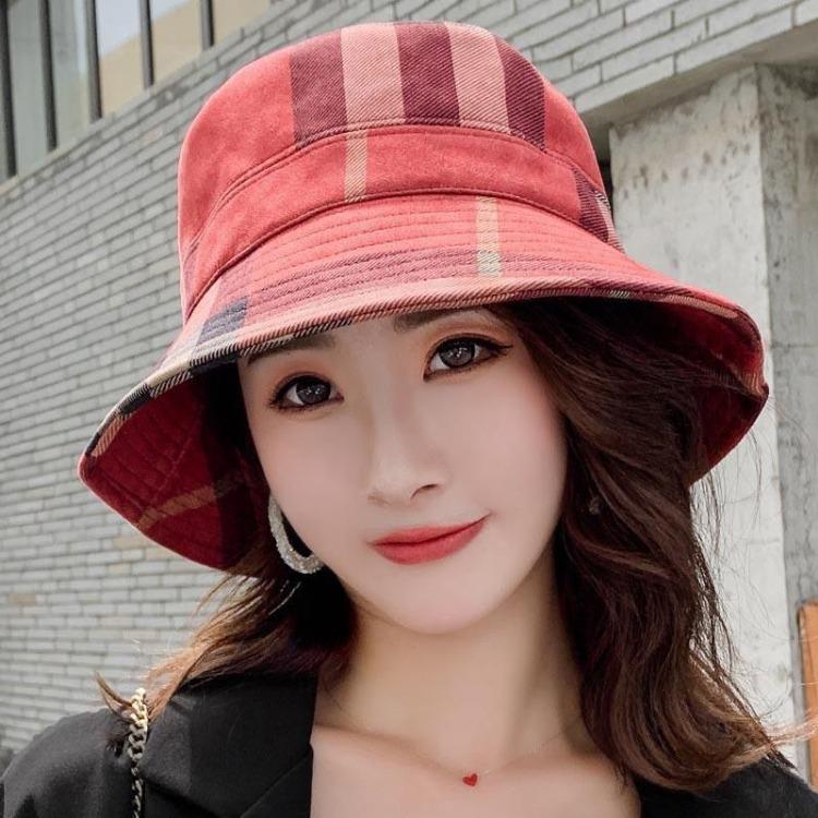 Female Korean Style Fashionable Versatile Small Brimmed Plaid Hat Popular Japanese Fisherman Hat British Top Hat