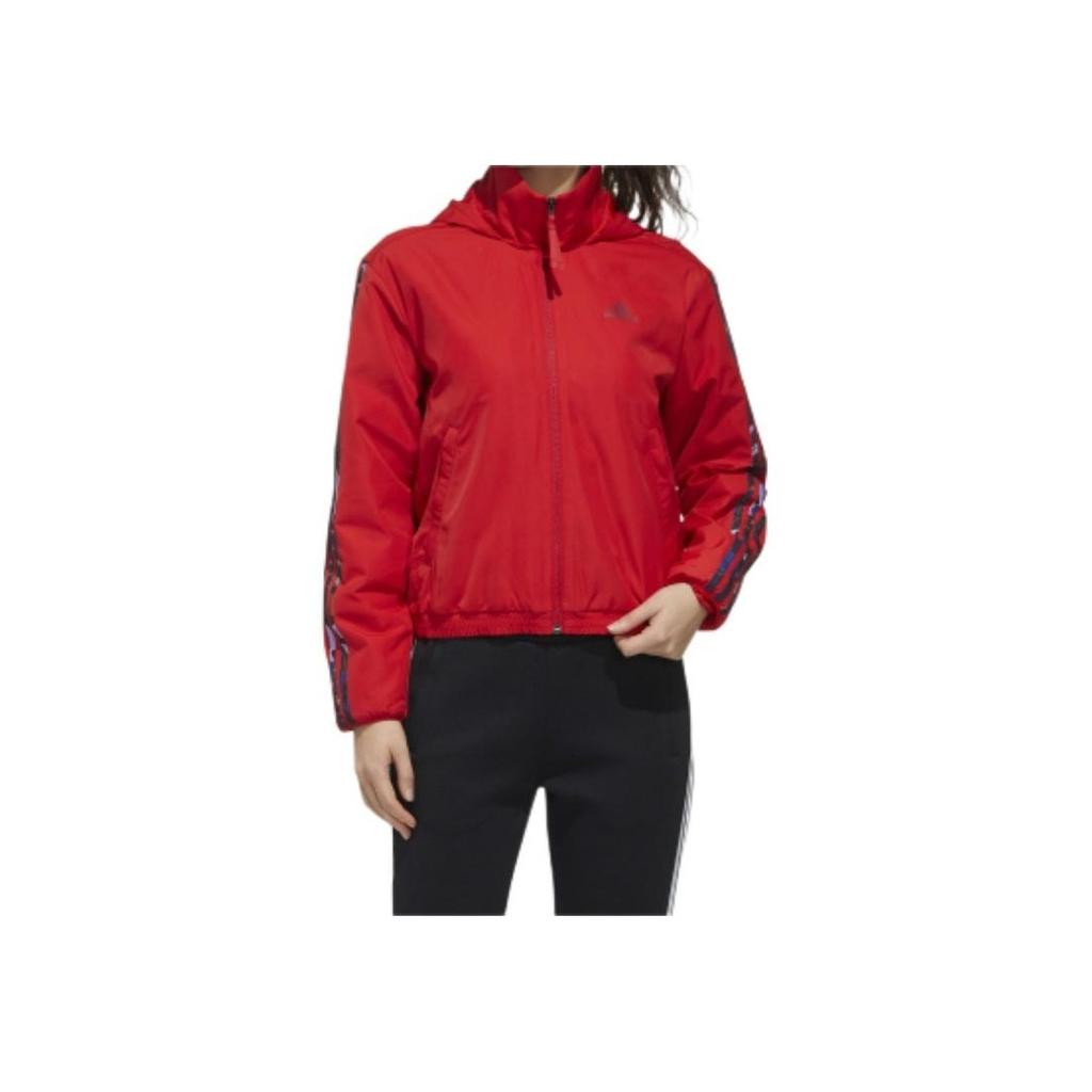 Adidas Floral Logo Fleece-Lined Hooded Jacket Women Jacket Red GG0769