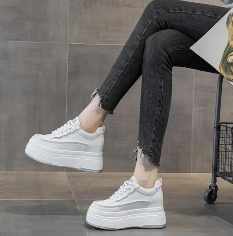 Fashion 9cm Synthetic Genuine Leather Spring Chunky Sneakers Shoes Women Combat Autumn Warm Winter Ankle Platform Wedge Booties