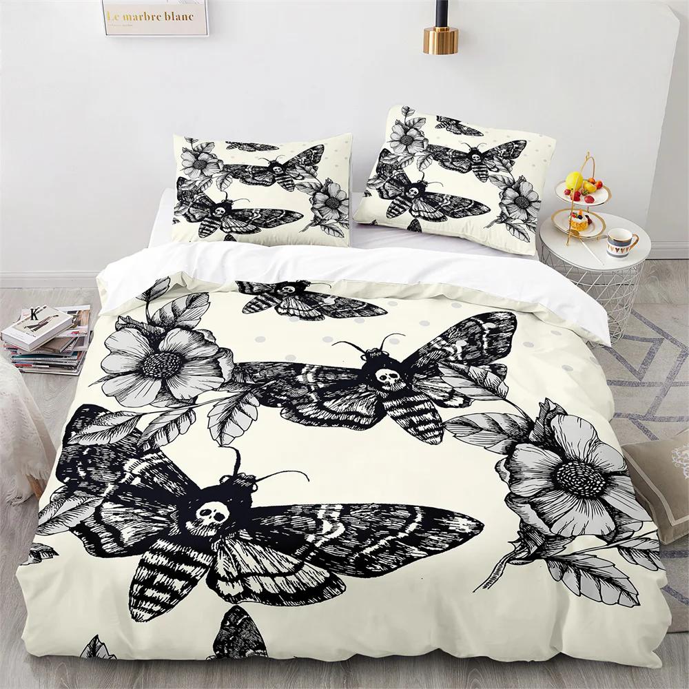 Gothic Skul King Quen Soft Duvet Cover Death Moth plus Flowers Beding Set Personalized Skeleton Bones Teal Polyester Comfortable Quilt Cover